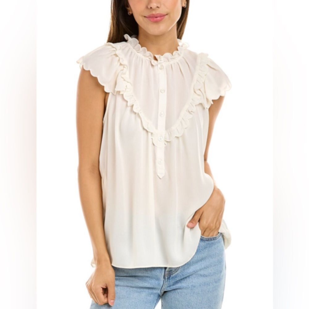 Max Studio button front mock neck scallop ruffle trim flutter sleeve blouse